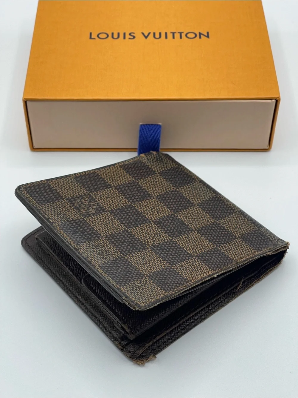 Louis Vuitton Damier Ebene Men’s Marco Bifold Wallet Hot Stamped Used LV